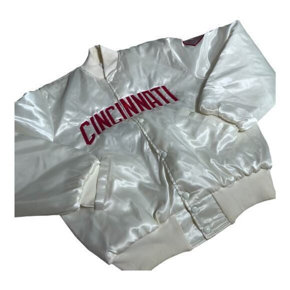 Cincinnati Satin Bomber Jacket in Off-White with Red Lettering